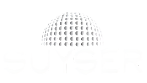 logotipo de Suyser, formado por las letras que componen el nombre y sobre ellas una esfera hecha de circulas de color acero inoxidable